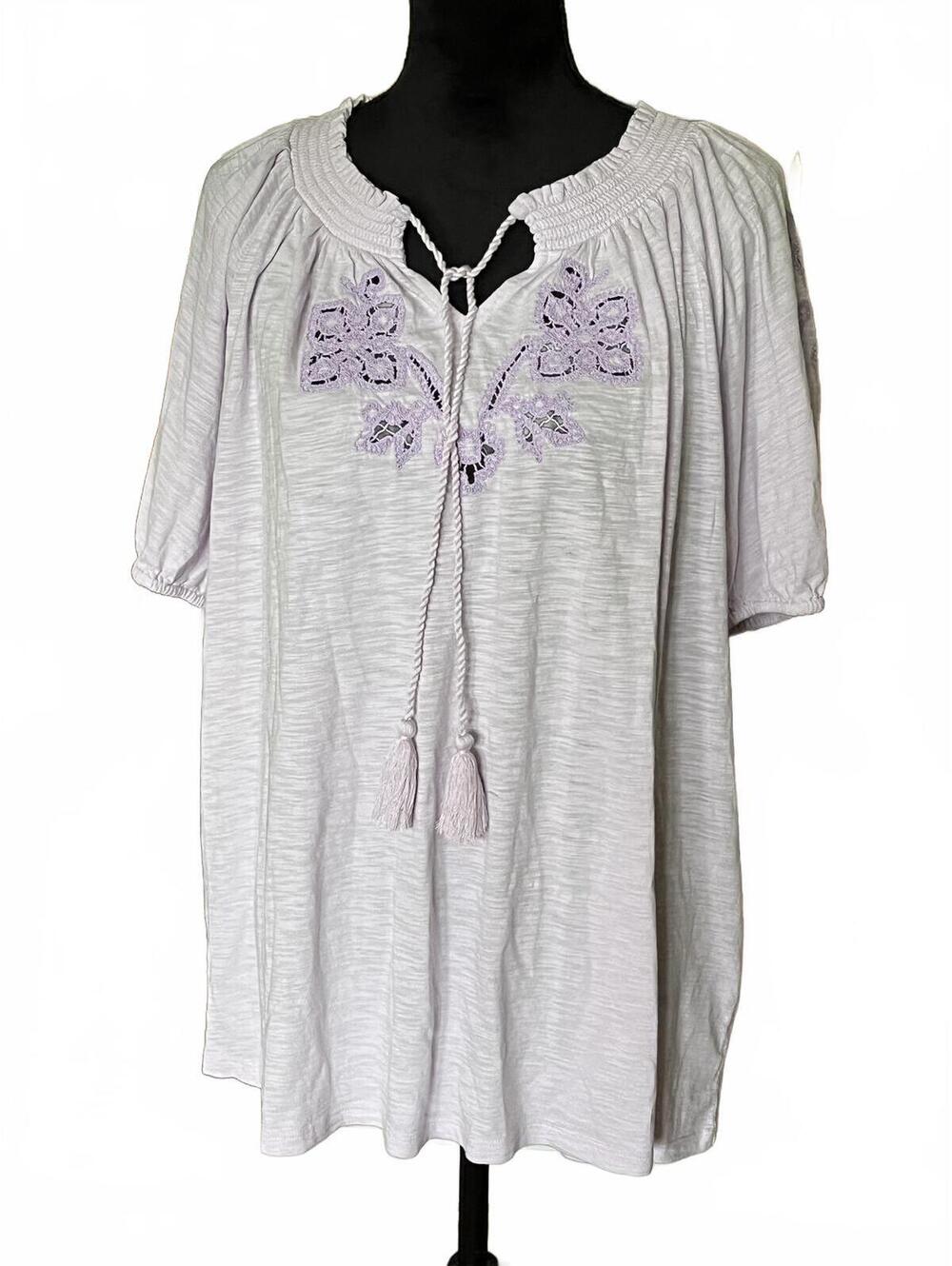 Style&Co. Women's 3X Light Purple Embroidered Peasant Blouse